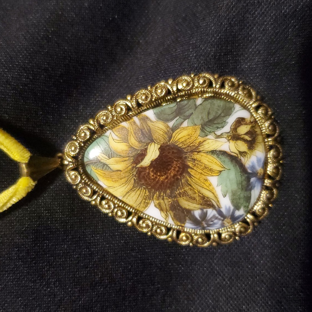 Vintage Sunflower Pendant Necklace with Yellow Velvet Ribbon